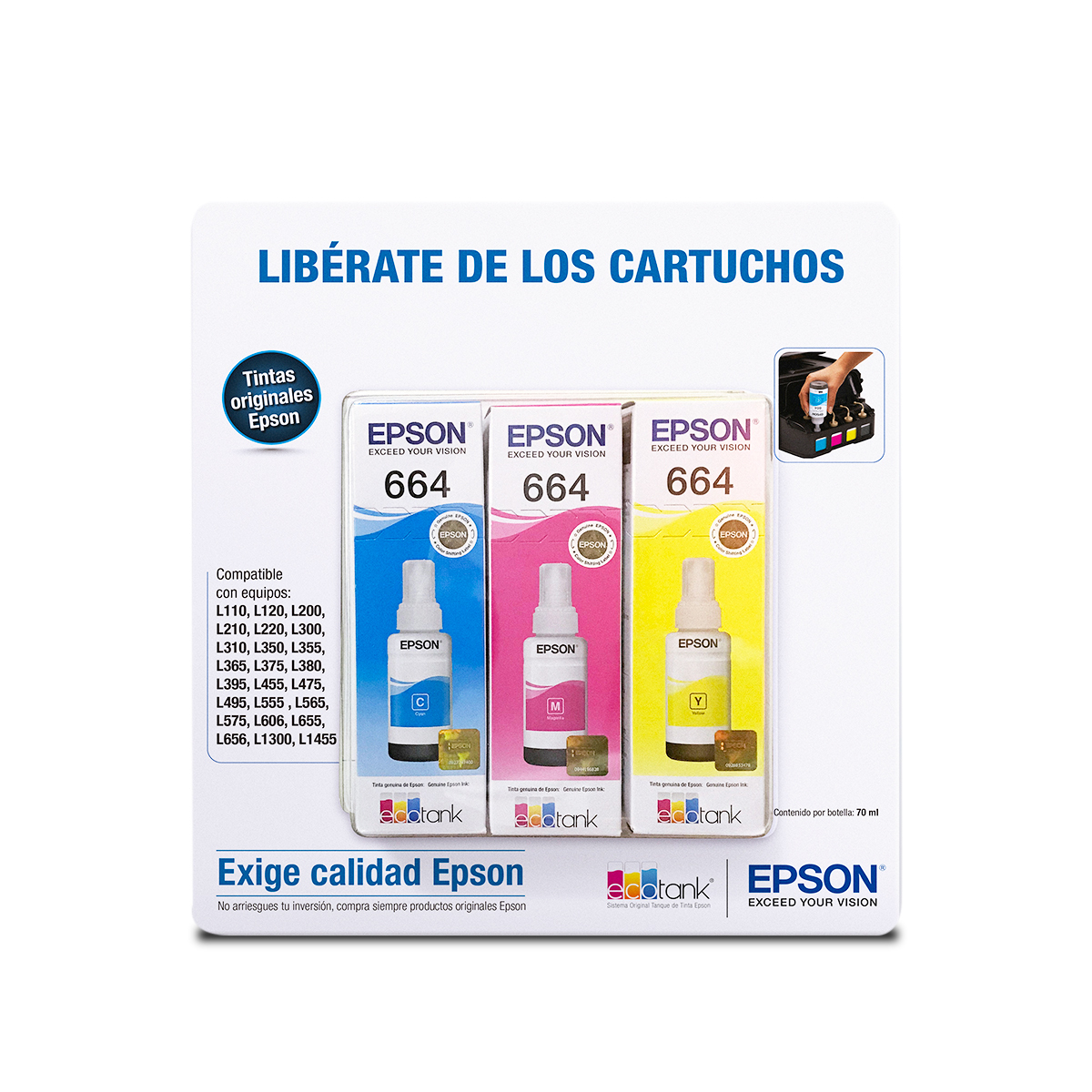 Botellas de Tinta Epson T664 3 Pack T6642 43 44 BL Tricolor 6500 páginas  EcoTank | Office Depot Mexico