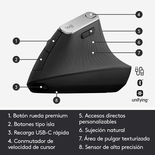 Mouse Inalámbrico Logitech MX Vertical / Bluetooth /  Receptor USB / USB Tipo C / Negro / PC / Laptop / Mac / Recargable