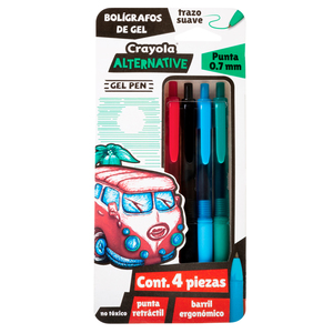 Plumas de Gel Retráctiles Crayola Alternative / Punto mediano / Tinta negra roja azul verde / 4 piezas