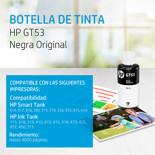 Botella de Tinta Hp GT53 / 1VV22AL / Negro / 4000 páginas / Smart Tank