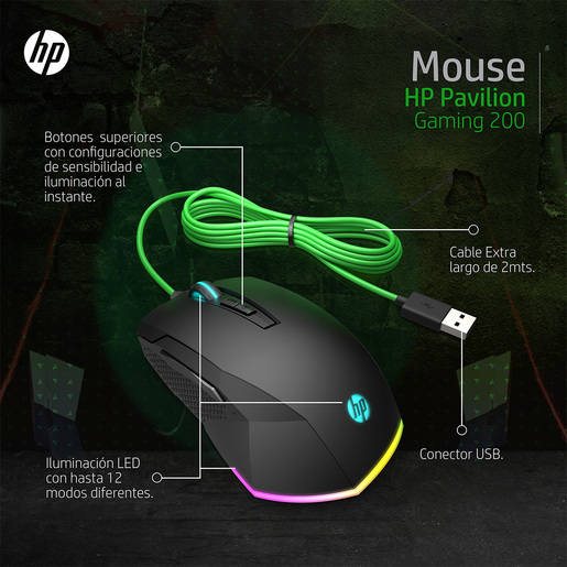 Mouse Gamer Óptico Hp Pavillion 200 / RGB / Alámbrico / USB / 3200dpi / Negro