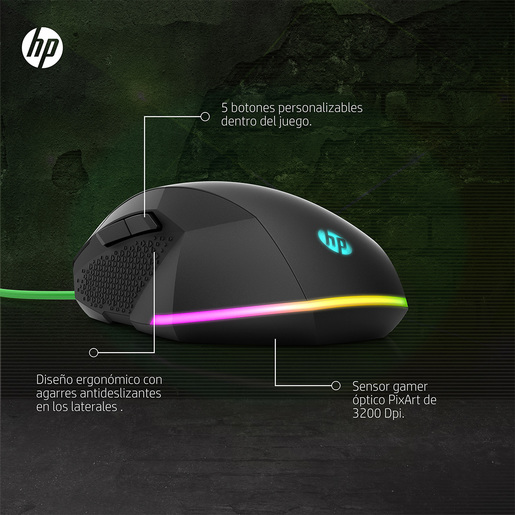 Mouse Gamer Óptico Hp Pavillion 200 / RGB / Alámbrico / USB / 3200dpi / Negro