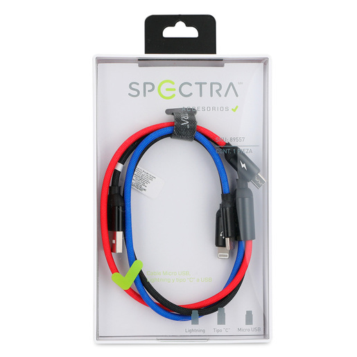 CABLE USB A MICRO USB / LIGHTNING / TIPO C SPECTRA T198 (COLORES)