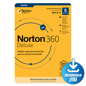 Antivirus Norton 360 Deluxe Descargable / Licencia 1 año / 5 dispositivos / PC / Laptop / Mac / Dispositivos móviles Antivirus Norton 360 Deluxe Descargable / Licencia 1 año / 5 dispositivos / PC / Laptop / Mac / Dispositivos móviles