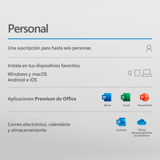 Microsoft 365 Personal / Licencia 1 año / 1 usuario / PC / Mac / Dispositivos móviles