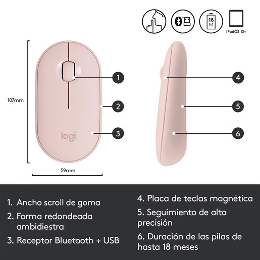 Mouse Inalámbrico Logitech Pebble M350 / Nano receptor / Bluetooth / Rosa / PC / Laptop / Mac